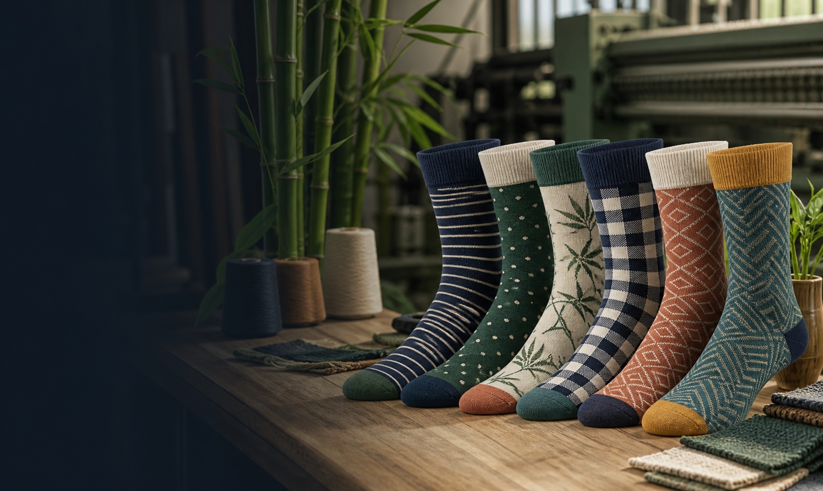 Adult fashion bamboo socks with stripes, dots, checks, botanical and geometric patterns in a bamboo sock design studio