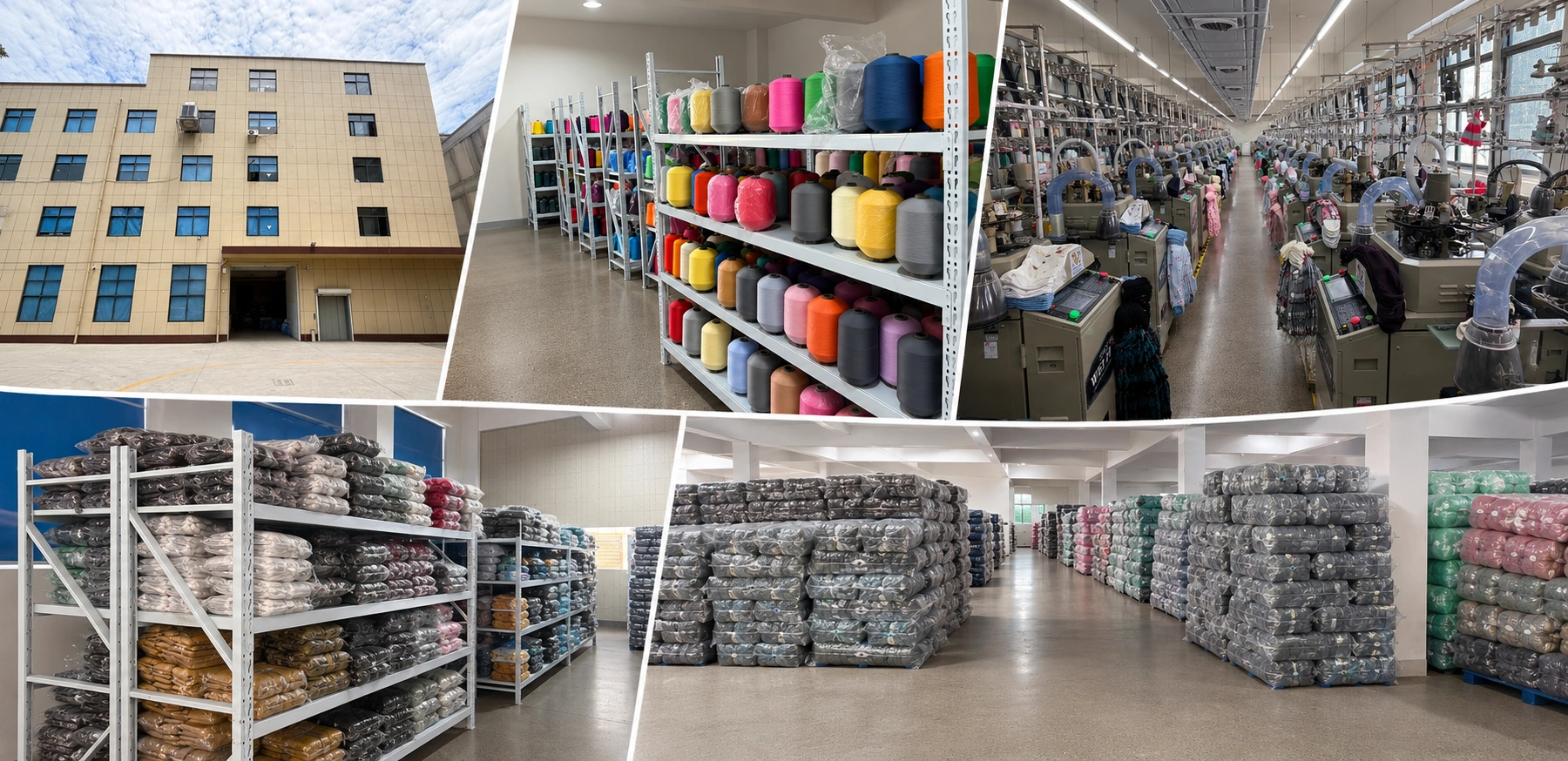 Zhuji sock factory, yarn storage, knitting workshop and finished-goods warehouse